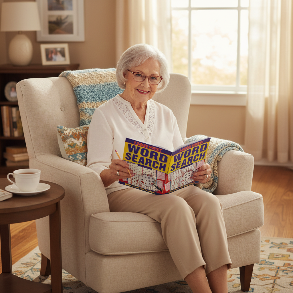 Elderly woman with reading glasses enjoying a Large Print Wordsearch Book in her armchair