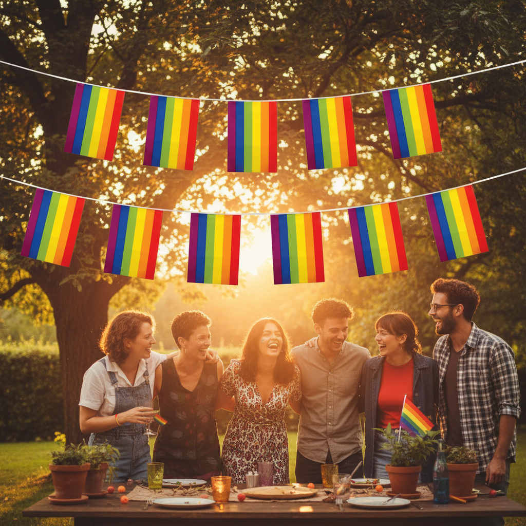Diverse group of friends celebrating at a pride garden party under Rainbow Gay Pride Bunting at golden hour