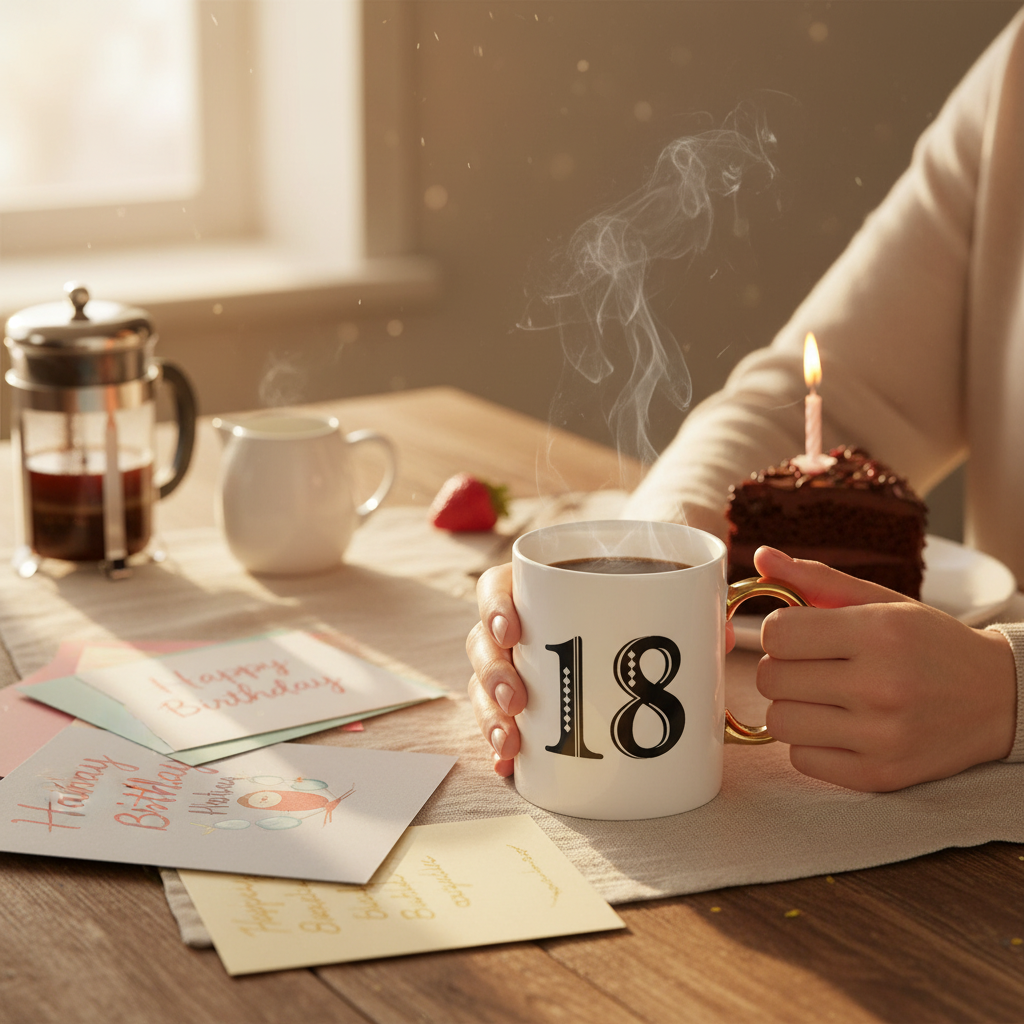 Art Deco 18th birthday mug being used for morning coffee with birthday cards