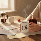 Art Deco 18th birthday mug being used for morning coffee with birthday cards
