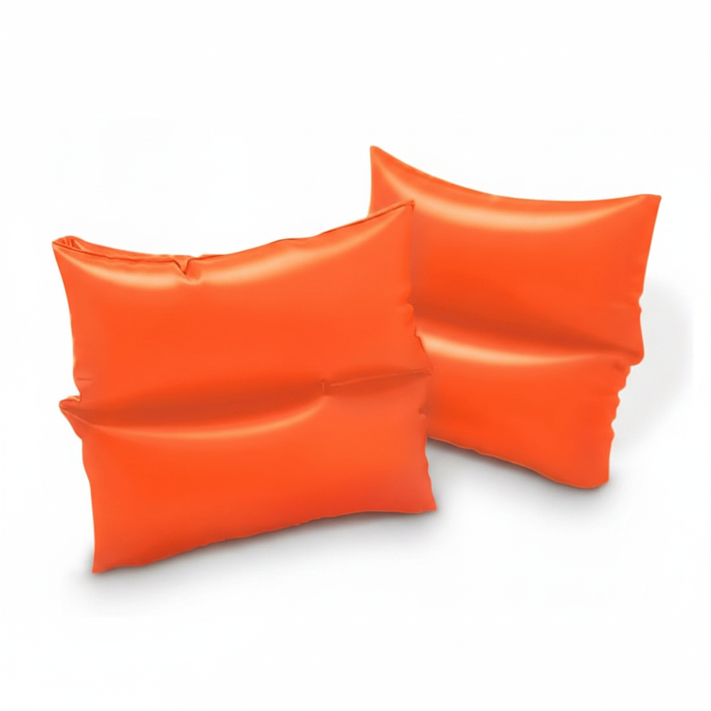 Intex children's inflatable orange swimming arm bands on white background, pair shown
