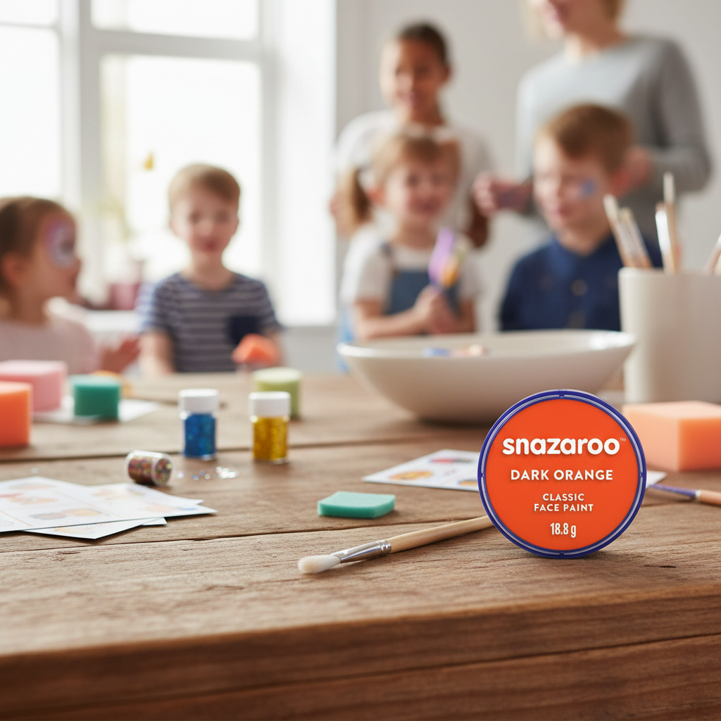 Snazaroo dark orange face paint pot on a wooden craft table with brush and accessories, natural window light lifestyle shot
