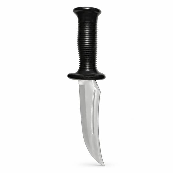 Ghost Face costume knife prop with ribbed black handle and curved silver-grey blade on white background