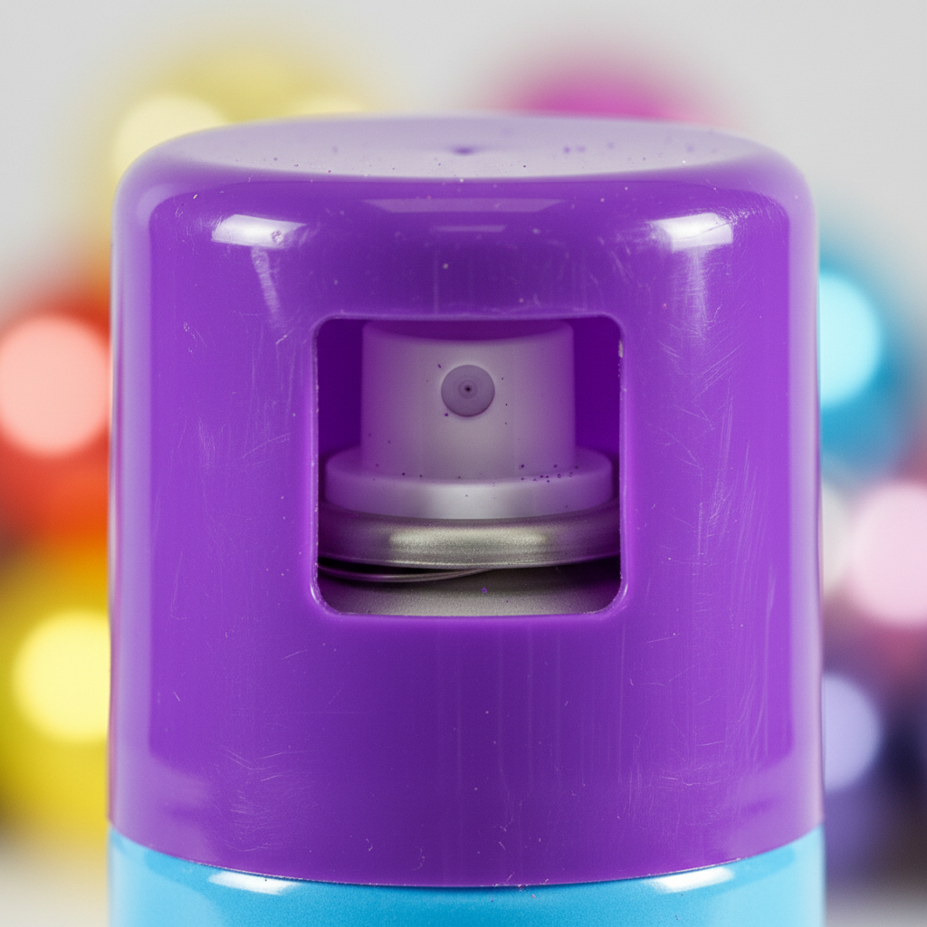 Close-up macro detail of Party Success purple hair colour spray nozzle and cap texture