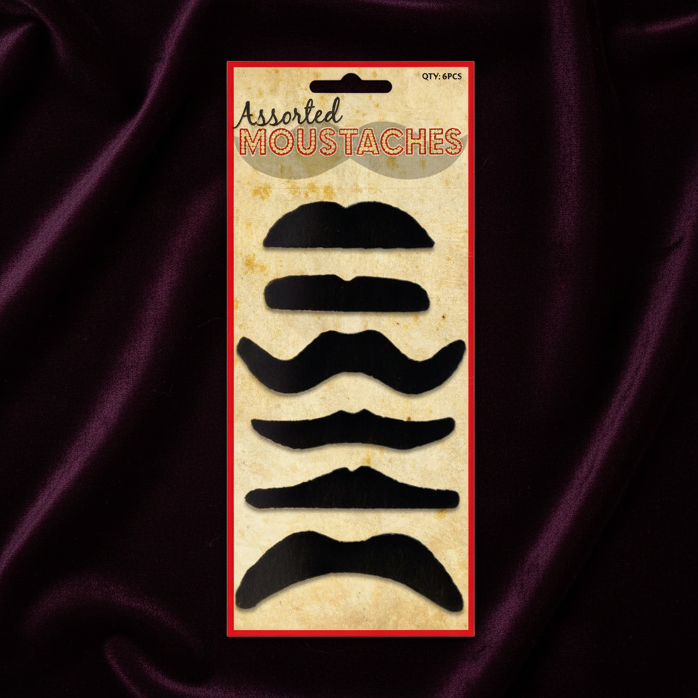 Black Fancy Dress Self-Adhesive Moustaches Pack Of 6 - 6 Assorted Designs on dark velvet background - Why Not Shop