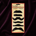 Black Fancy Dress Self-Adhesive Moustaches Pack Of 6 - 6 Assorted Designs on dark velvet background - Why Not Shop