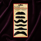 Black Fancy Dress Self-Adhesive Moustaches Pack Of 6 - 6 Assorted Designs on dark velvet background - Why Not Shop