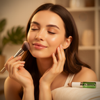Aspirational beauty scene with W7 Tea Tree Concealer Stick, confident woman with flawless even-toned skin in golden hour cinematic light