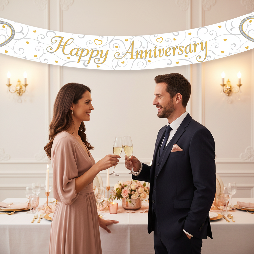 Couple celebrating anniversary with Happy Anniversary linked hearts banner at elegant party