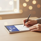 Person writing in a Just Stationery Receipt Book at a desk, candid close-up with creamy bokeh background