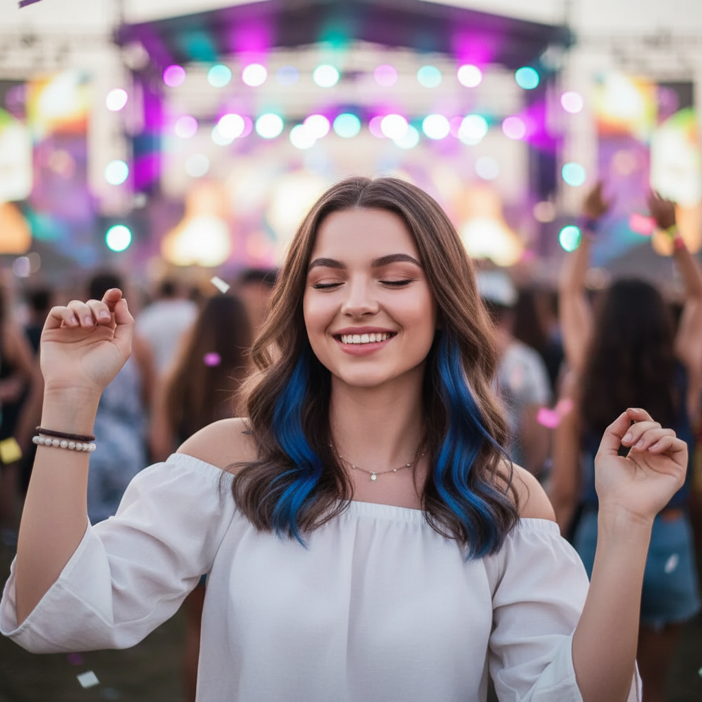 Woman with electric blue temporary hair colour at festival - Party Success hair spray results