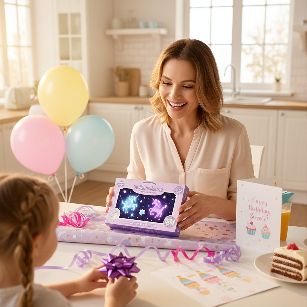 Mum wrapping glow in the dark unicorn sticker set as a birthday gift with pink and purple wrapping paper and ribbons