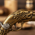 Extreme close-up macro detail of antique gold brass flintlock pistol from pirate fancy dress set