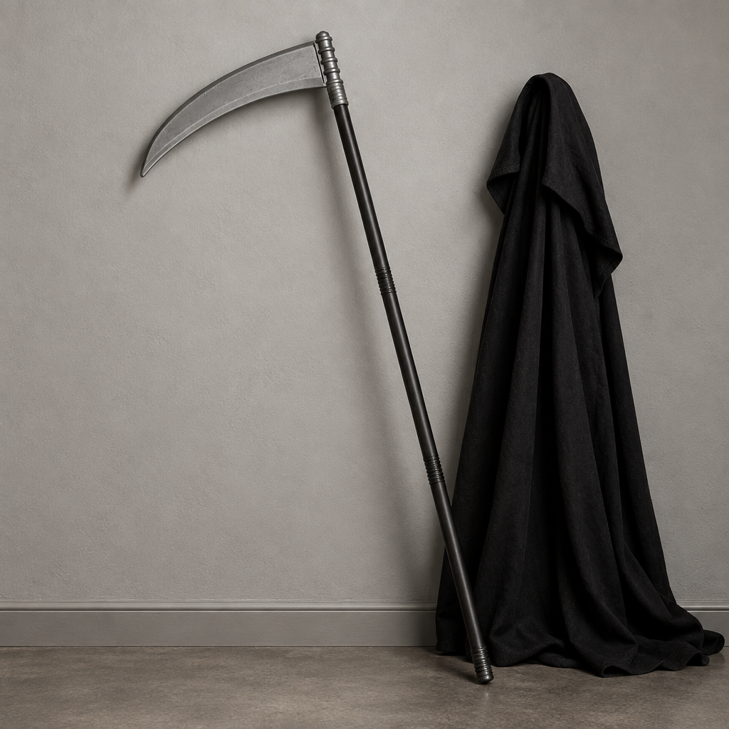 Black and silver Grim Reaper scythe leaning beside a dark costume cloak