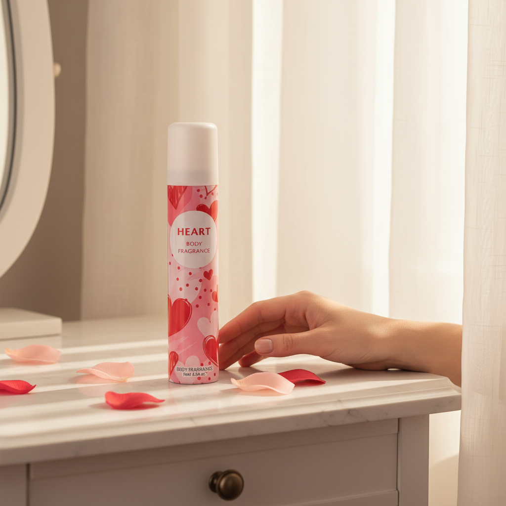 Insette Heart Body Fragrance 75ml on a marble dressing table with rose petals in warm golden hour light, feminine and romantic lifestyle scene
