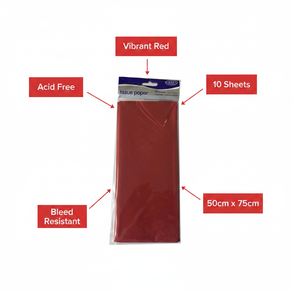Red tissue paper infographic showing 10 sheets acid free bleed resistant 50cm x 75cm features