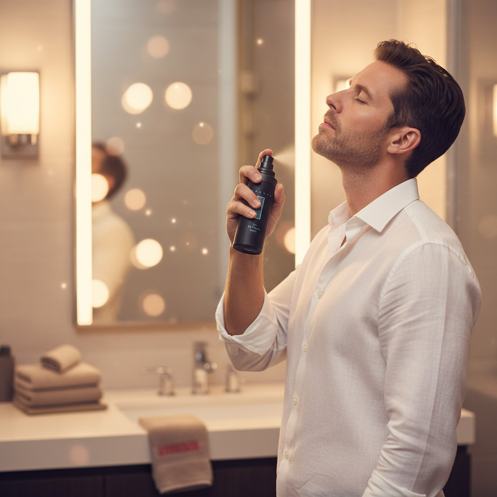 Man applying Milton Lloyd Bondage Hommes EDT aftershave spray in modern bathroom — lifestyle shot