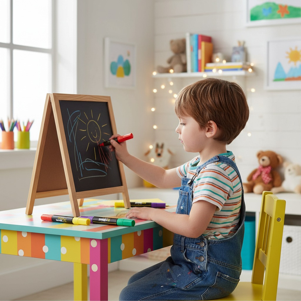 Child using assorted liquid chalk pens to draw on blackboard at home
