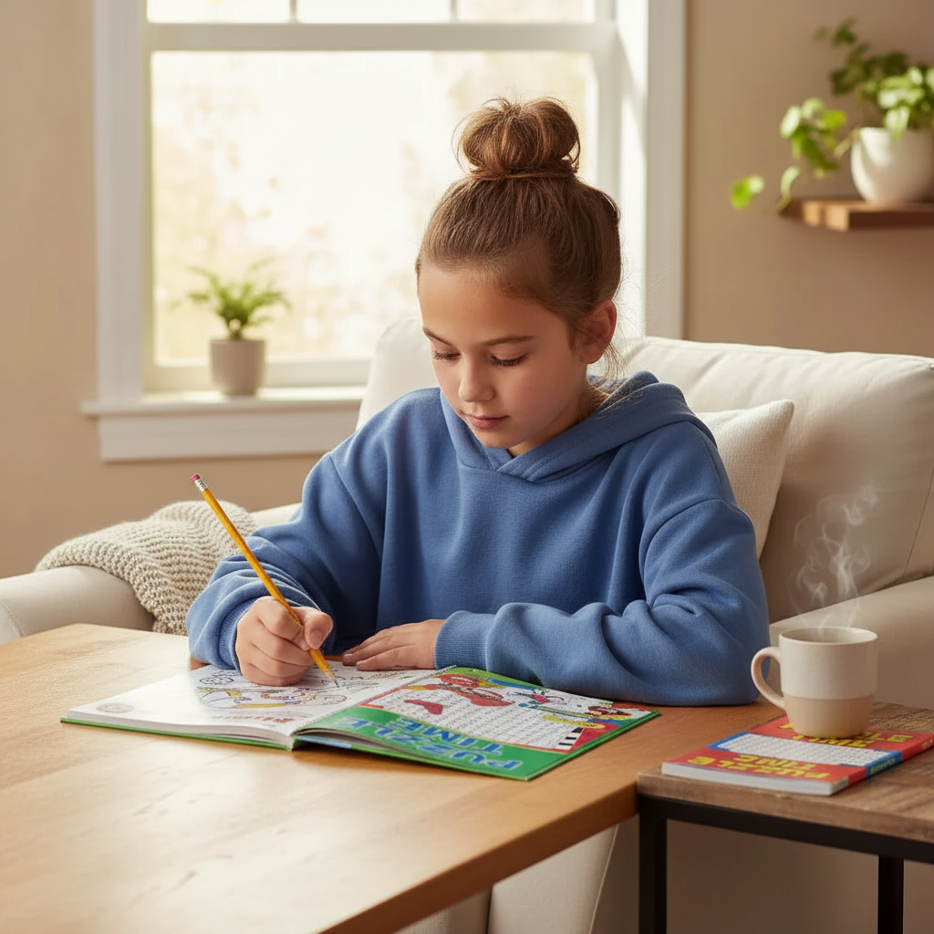 Child working on Squiggle puzzle activity book at table with pencil, educational learning at home