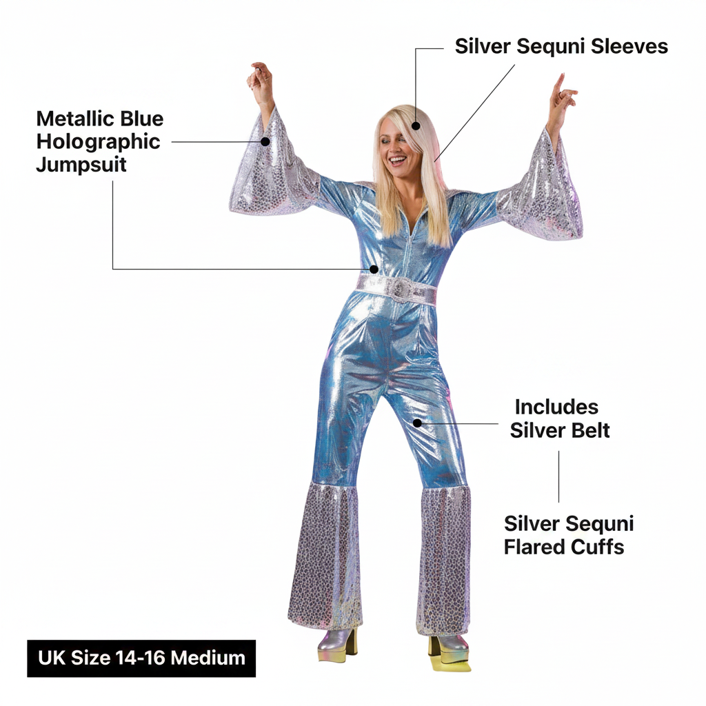 ABBA Waterloo disco jumpsuit infographic showing metallic blue holographic body, silver sequin bell sleeves, flared cuffs, silver belt and UK size 14-16