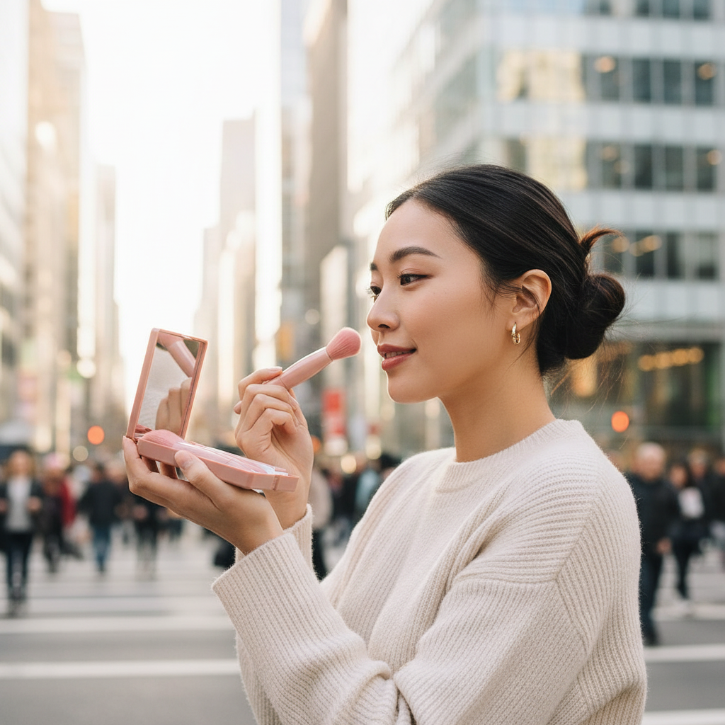 Stylish woman touching up makeup on the go with portable beige brush set compact in city street