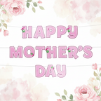 Happy Mother's Day Banner 180cm in pink and white - elegant product shot with floral background
