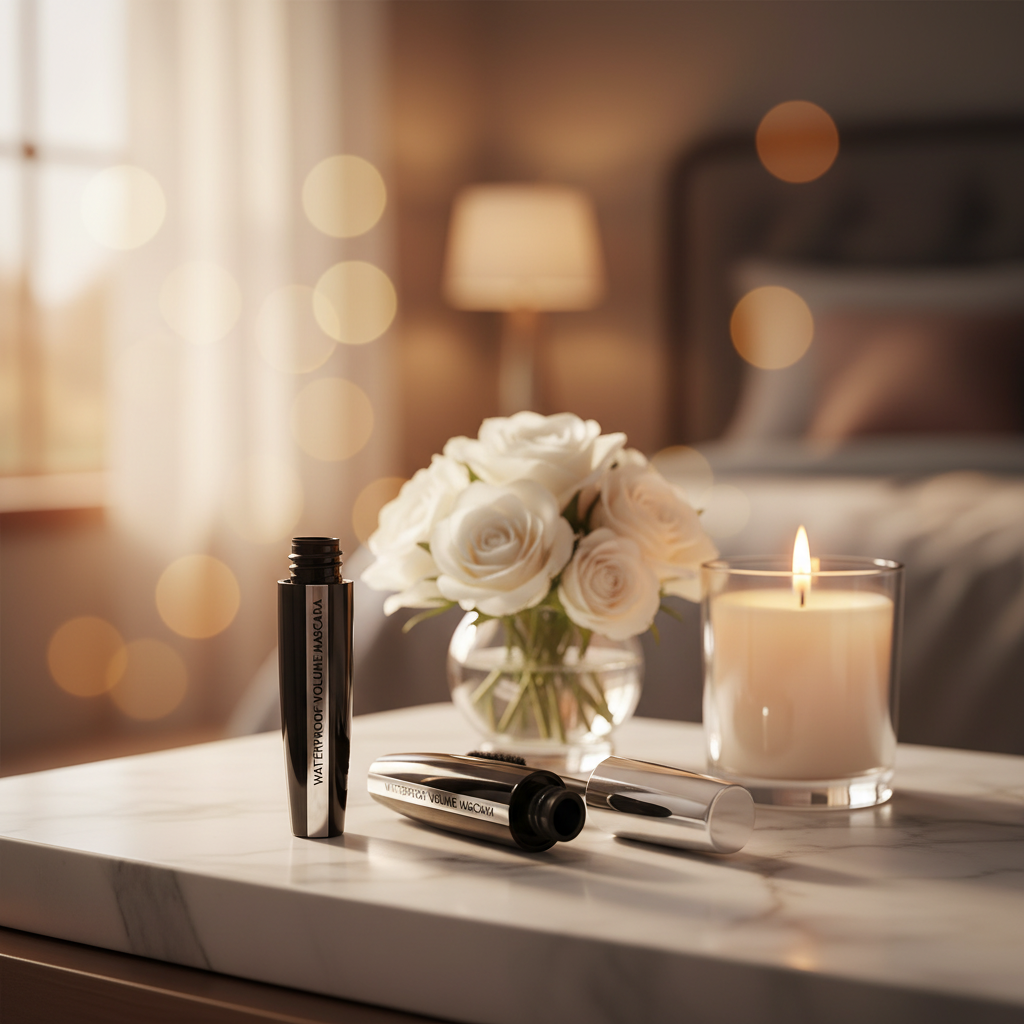 Lilyz Waterproof Volume Mascara Black on a luxury vanity with roses and soft golden light
