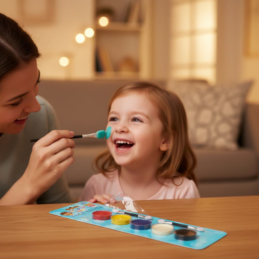 Parent applying face paint to a laughing child using a brush from the Party Crazy face paint set, warm bokeh home background