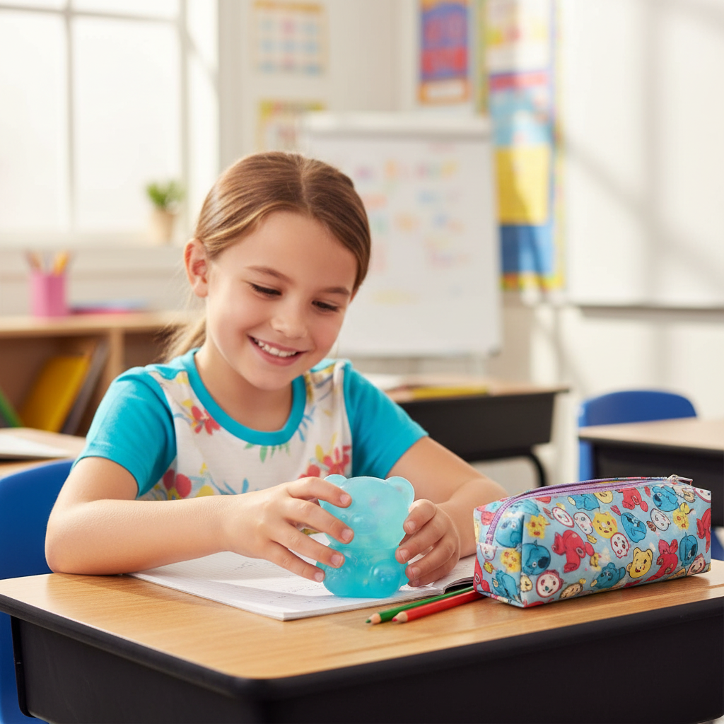 Child placing Scrunchems Kind Heart Squish Bear next to pencil case on school desk as a fun companion