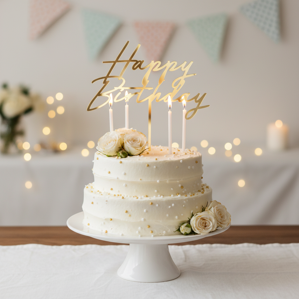 Gold Happy Birthday acrylic cake topper displayed upright in a decorated birthday cake on a cake stand