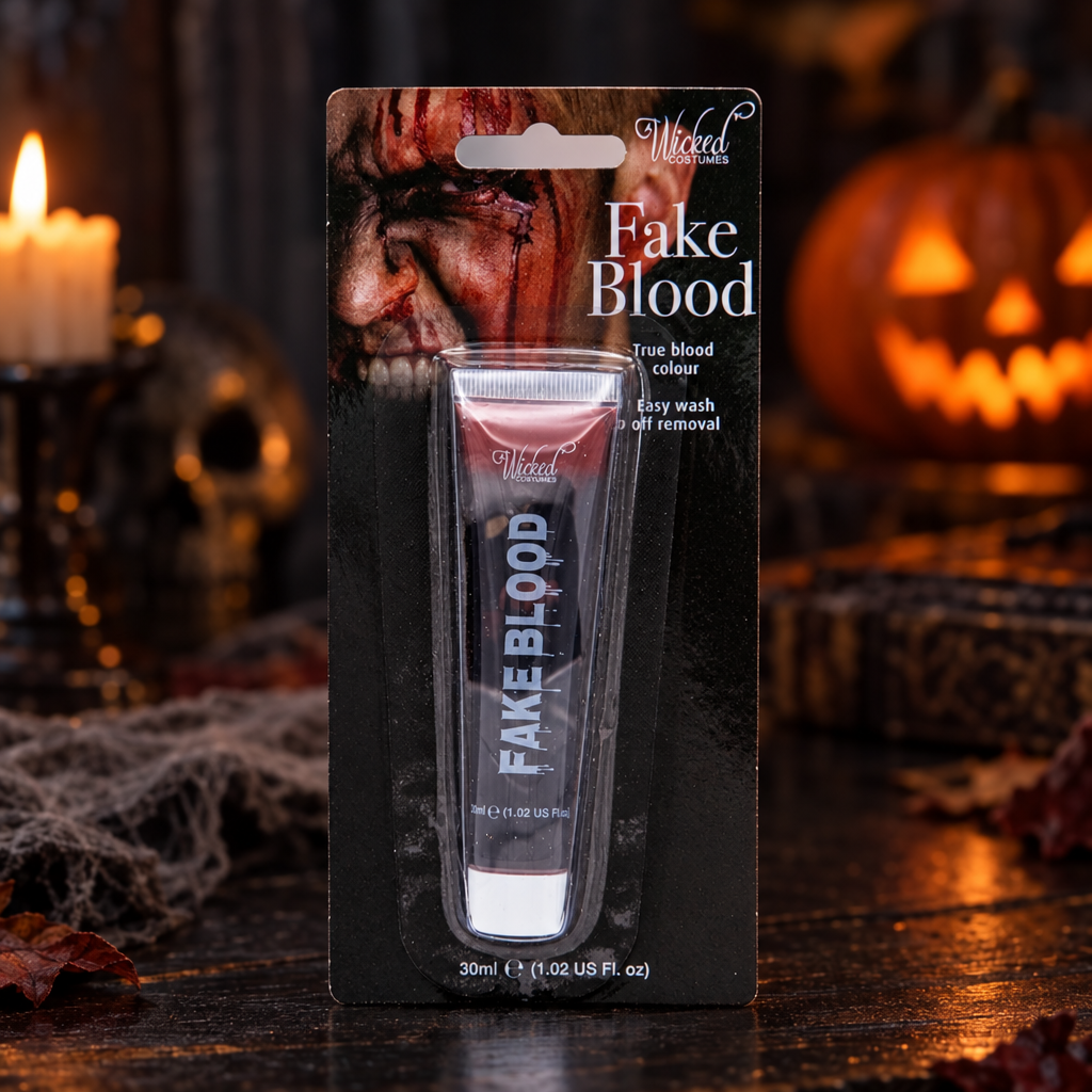 Packaged Wicked Costumes fake blood tube on a table beside a plant