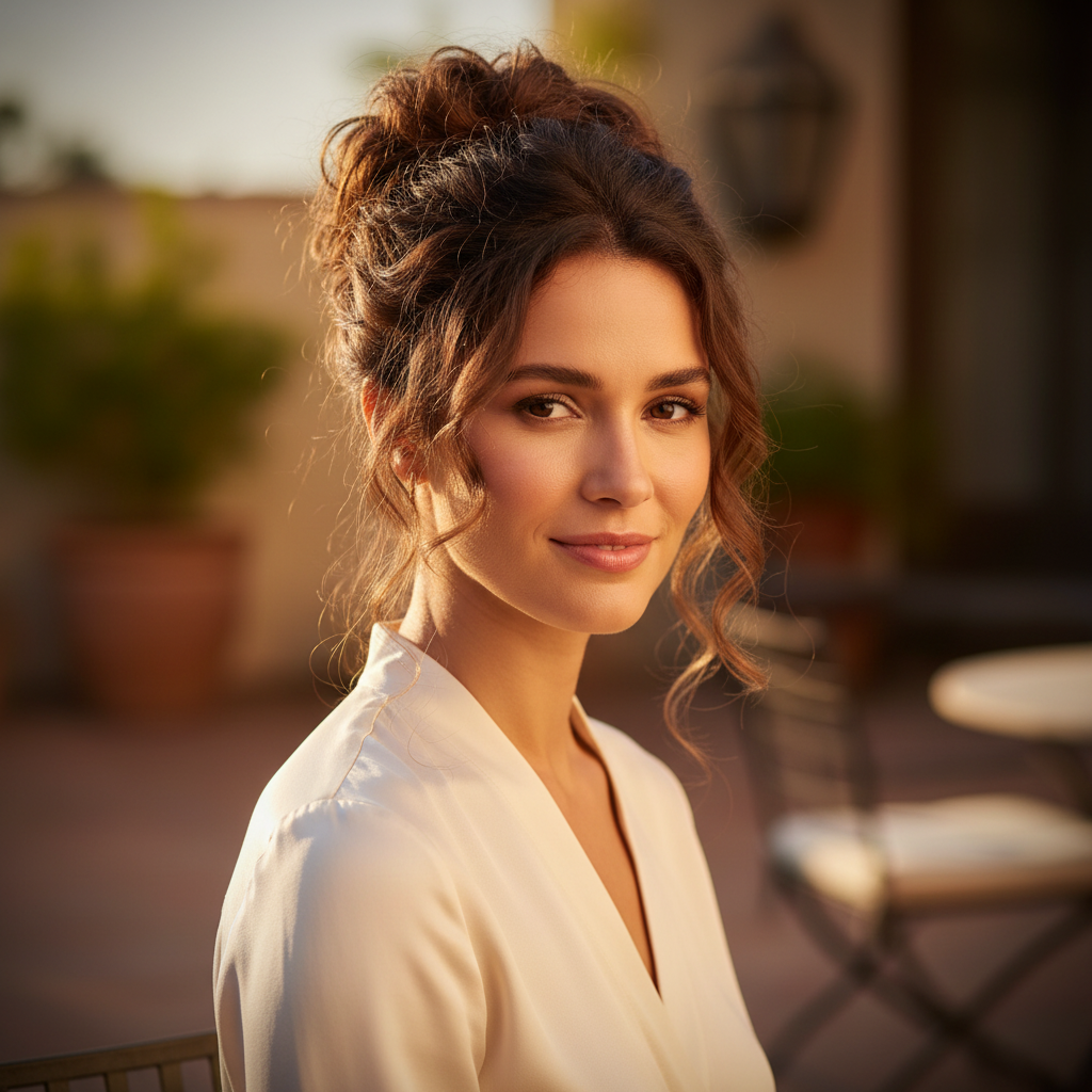 Confident woman with beautiful warm chestnut brown curly updo hair bun shade 6 Daylillies in golden hour light, aspirational lifestyle scene