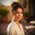 Confident woman with beautiful warm chestnut brown curly updo hair bun shade 6 Daylillies in golden hour light, aspirational lifestyle scene