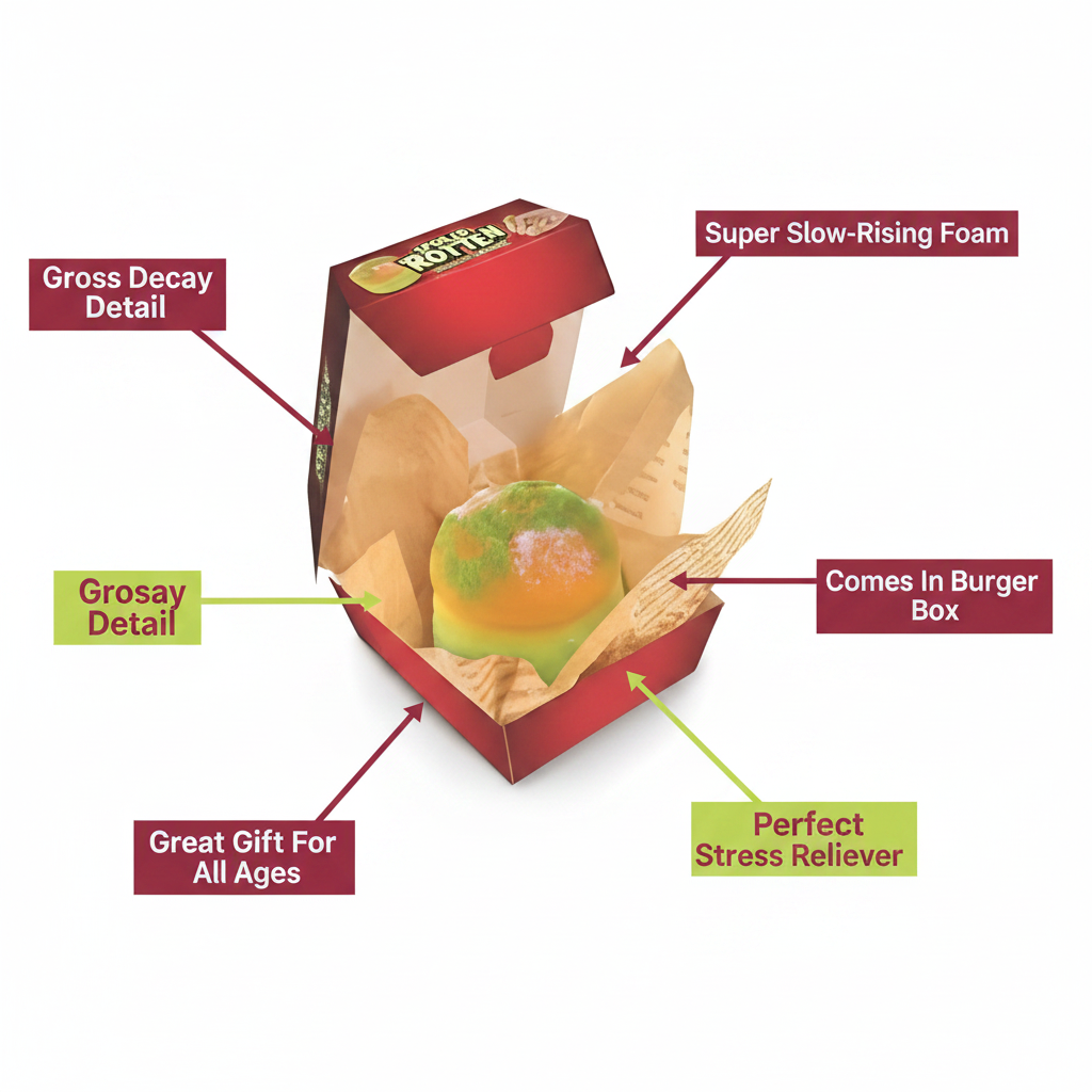 Spoiled Rotten Bad Burger squishy toy feature infographic showing slow-rising foam, gross decay detail, burger box packaging and gift suitability