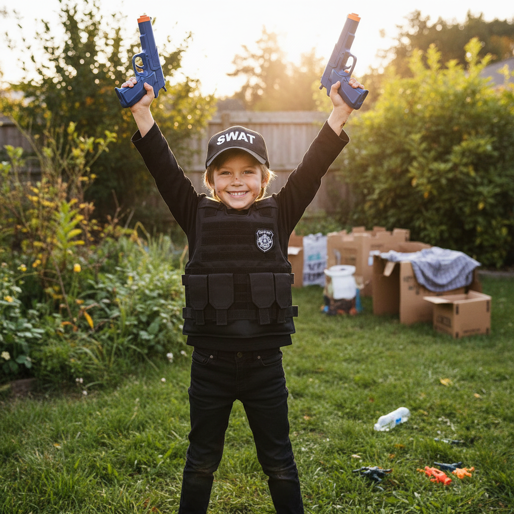 Child in SWAT costume holding navy blue cap revolver toy gun triumphantly after completing backyard mission