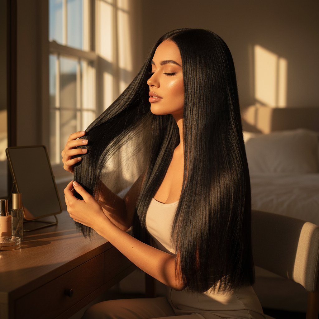 Woman with long sleek jet black clip-in hair extensions in golden hour light, confident and beautiful