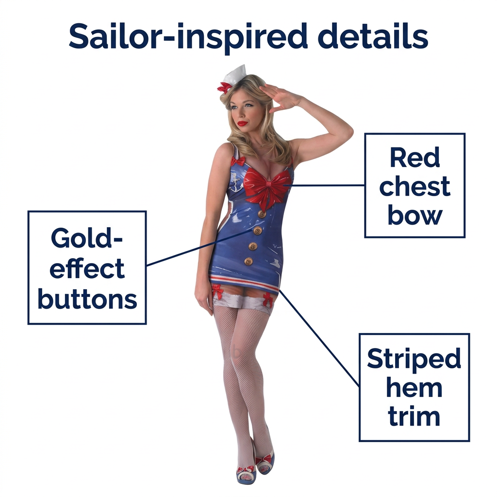 Blue sailor costume infographic highlighting the red chest bow, gold-effect buttons and striped hem trim.