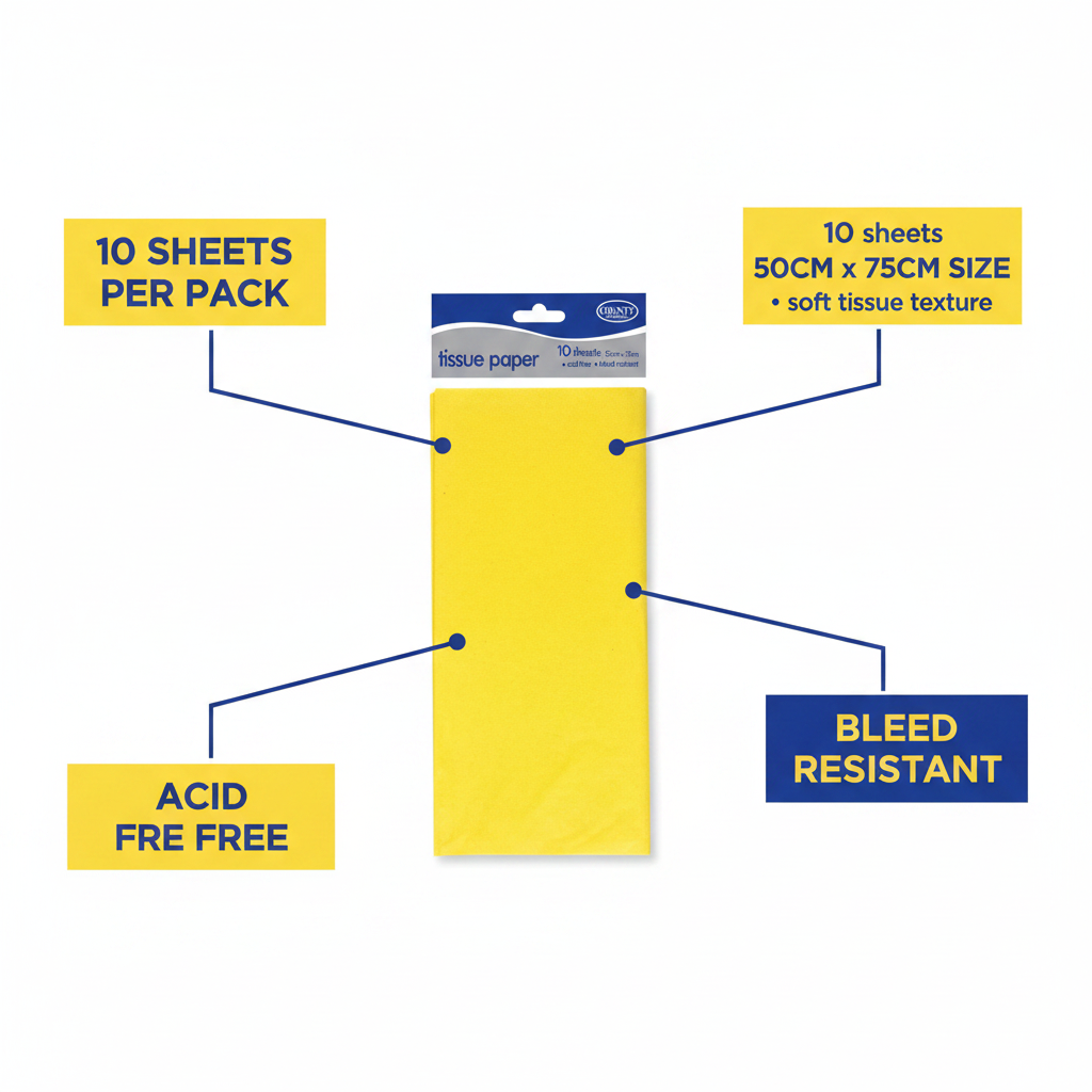Yellow tissue paper pack of 10 feature infographic showing 10 sheets, 50cm x 75cm size, acid free and bleed resistant