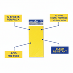 Yellow tissue paper pack of 10 feature infographic showing 10 sheets, 50cm x 75cm size, acid free and bleed resistant