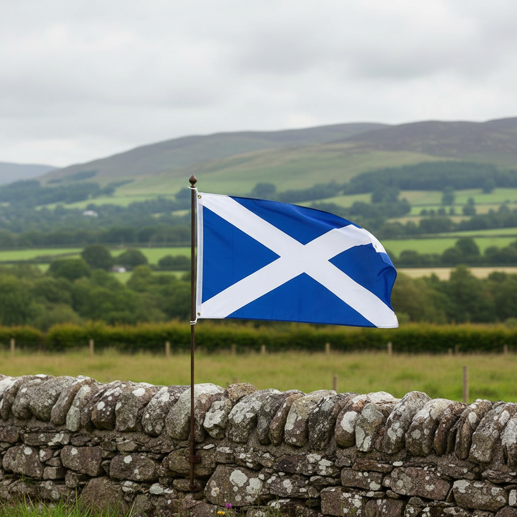 Scotland flag hanging on a traditional Scottish stone cottage wall with green countryside landscape in the background