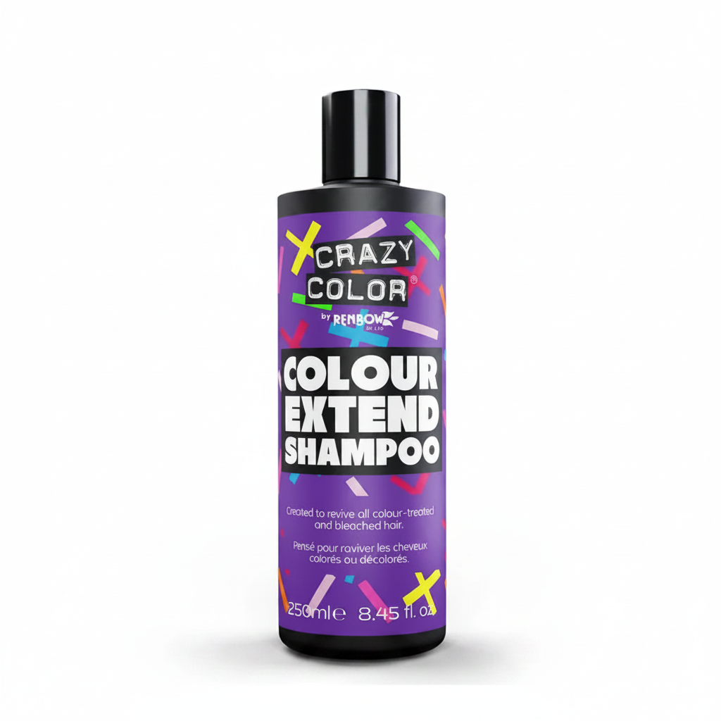 Crazy Color Colour Extend Shampoo 250ml on pure white seamless background, professional studio lighting, Amazon main image standard