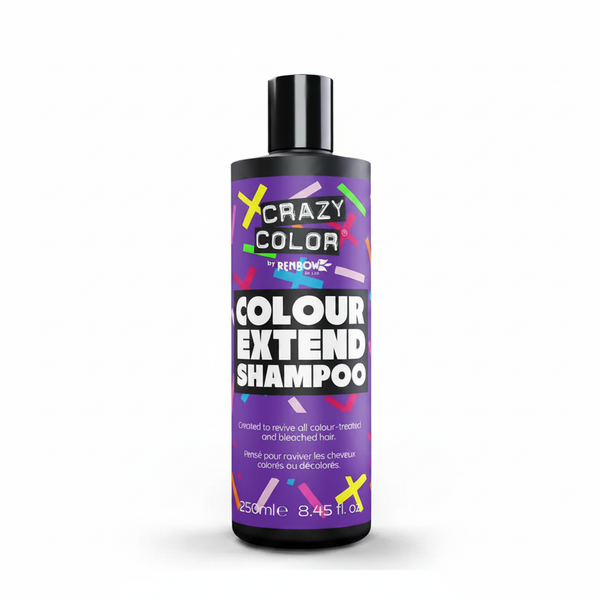 Crazy Color Colour Extend Shampoo 250ml on pure white seamless background, professional studio lighting, Amazon main image standard