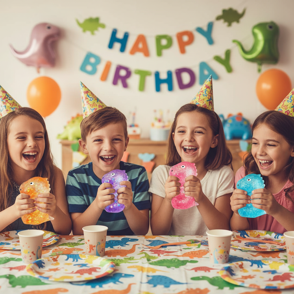 Four kids at a dinosaur birthday party each holding their own coloured Stretch and Squeeze Dinosaur Gel Toy with dino decorations