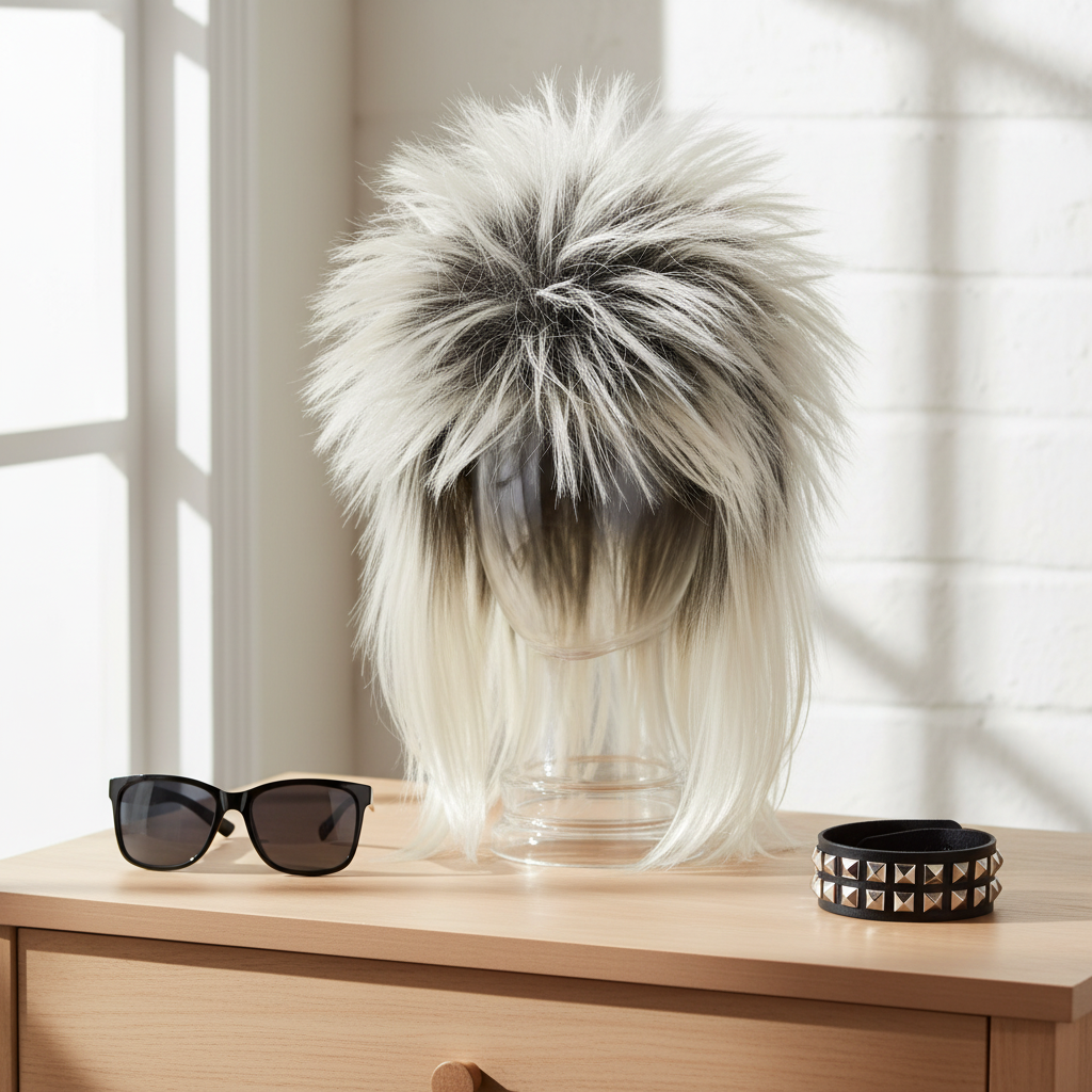 80s rockstar blonde and dark spiked wig on dressing table with sunglasses and wristband props, natural light