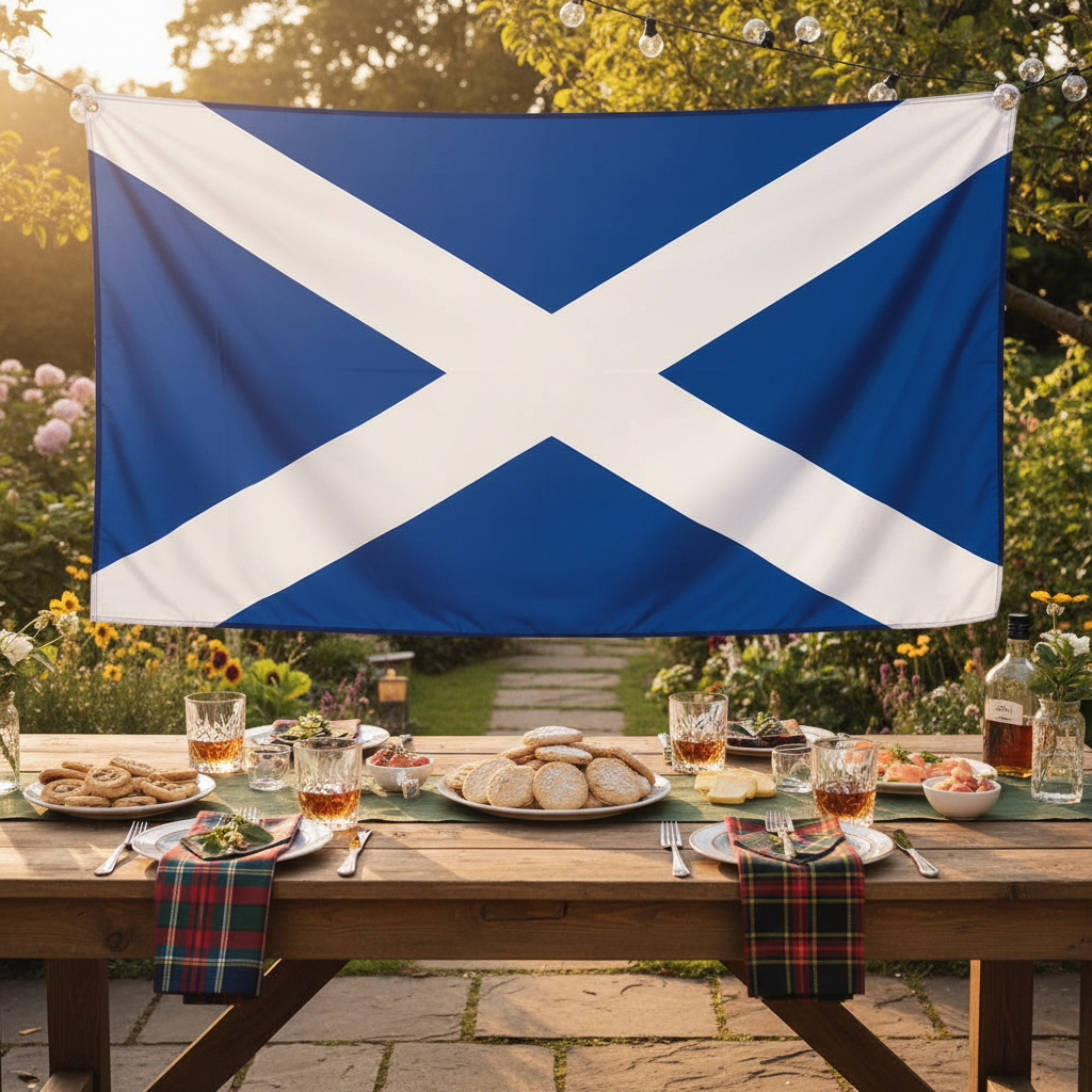 Scotland flag used as a backdrop at a Scottish-themed garden party with whisky and shortbread on a rustic wooden table