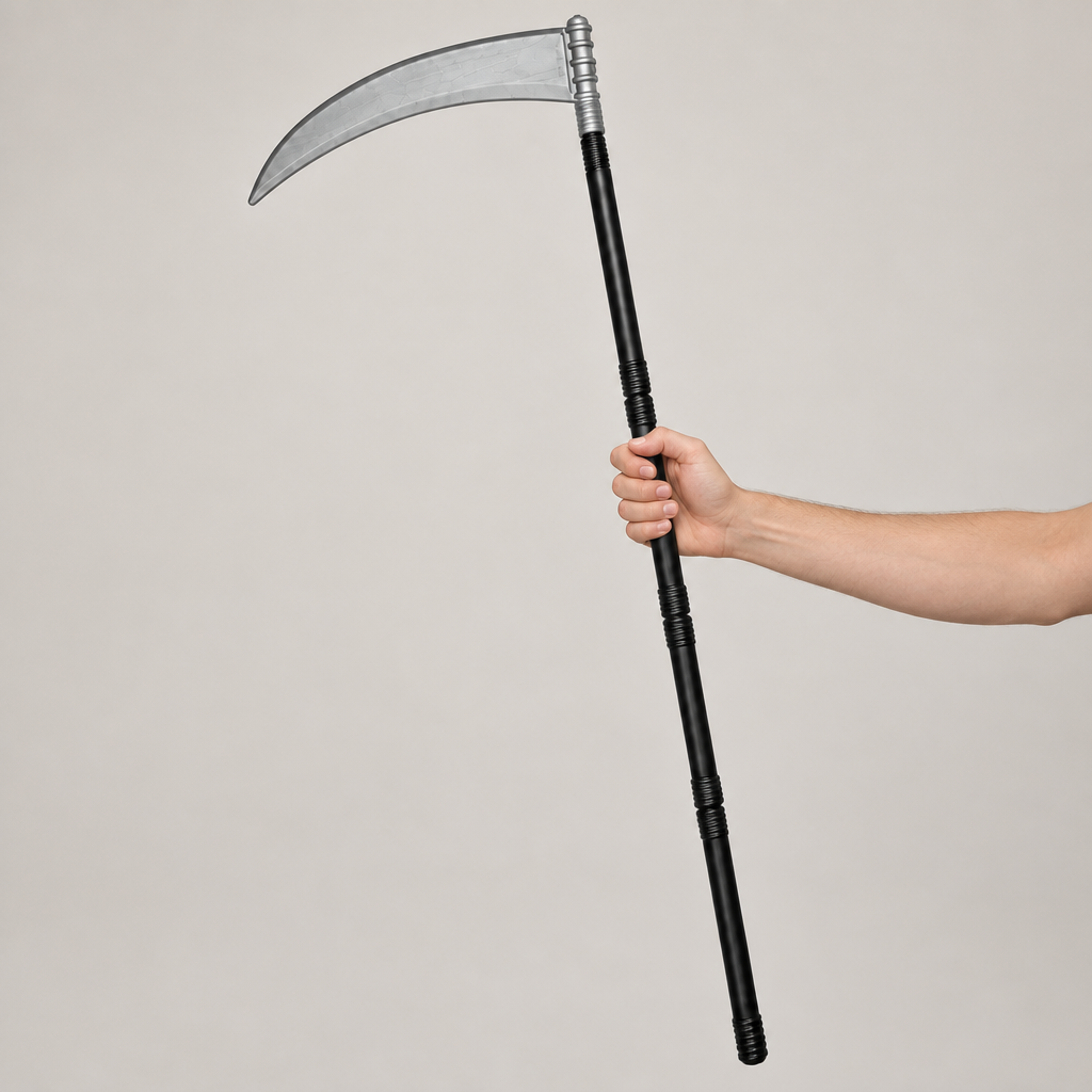Person's hand holding the black shaft of a silver-bladed Grim Reaper scythe