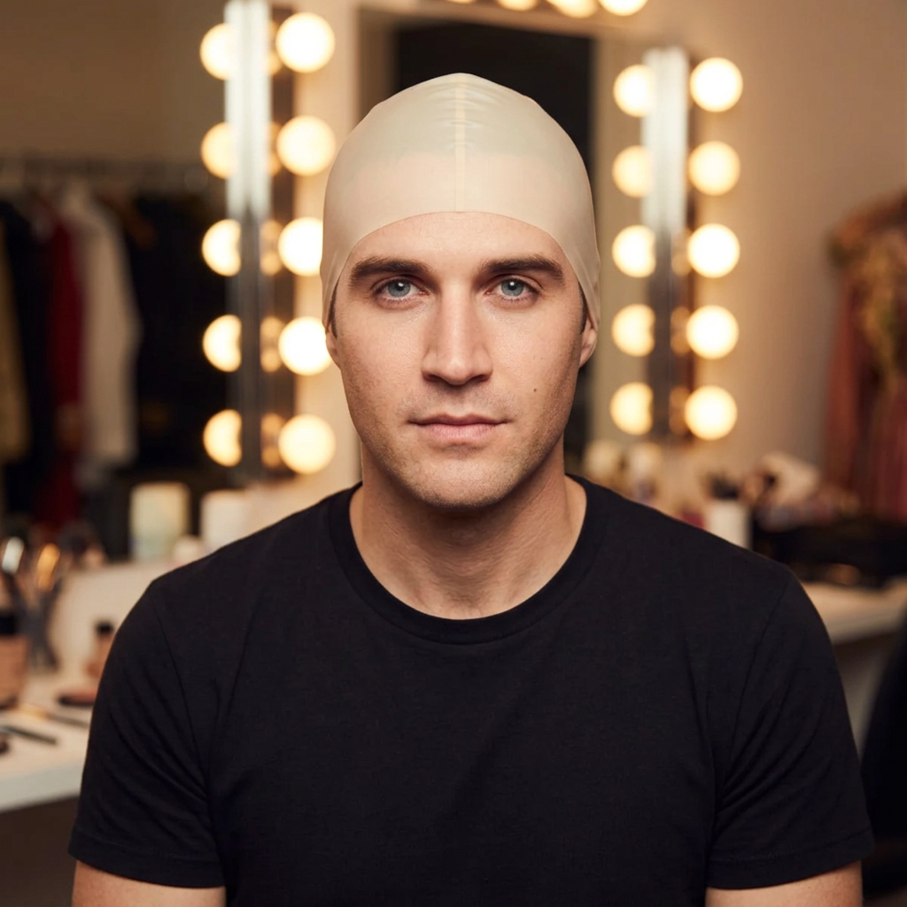 Adult in a black T-shirt wearing a skin-toned latex bald cap in a theatre dressing room