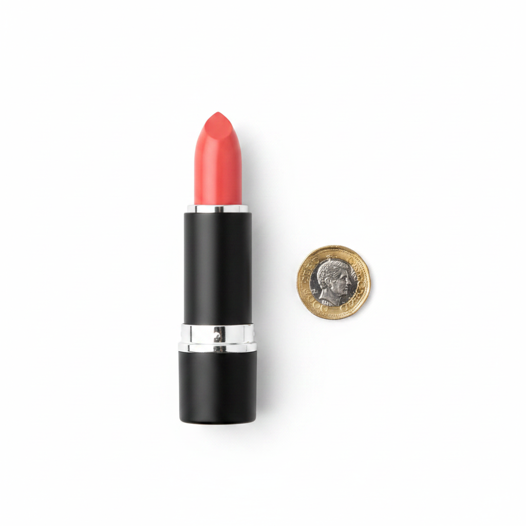Laval Lipstick Coral Cloud 14 matte black tube beside a £1 coin on white background showing product size