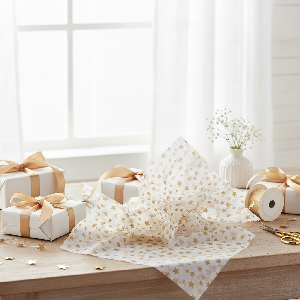 Gold star tissue paper on a celebration gift wrapping table with presents and ribbon, natural window light, lifestyle setting