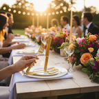 Gold plastic cutlery at an outdoor garden party table with fairy lights and floral centrepieces at golden hour